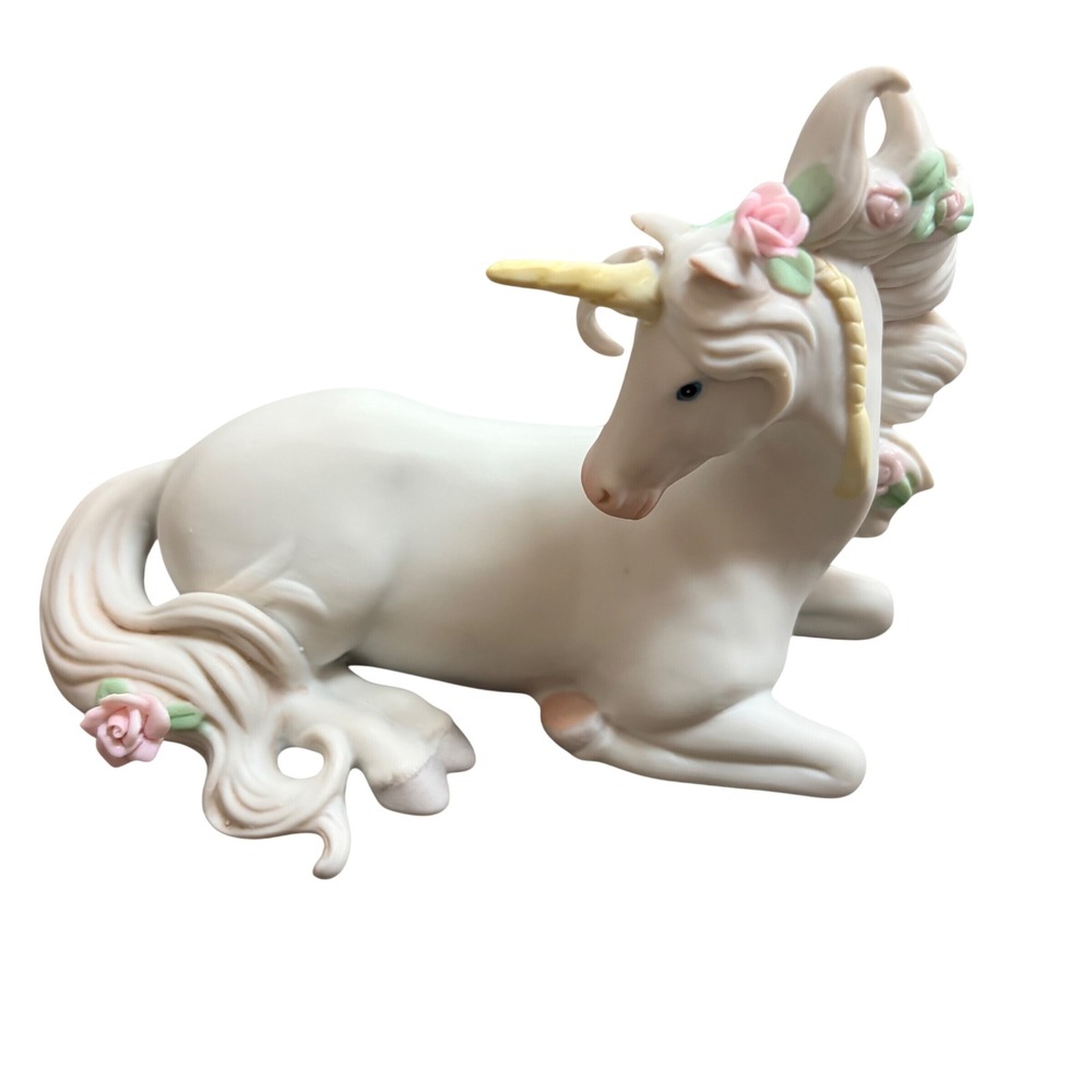 Vintage 1988 Enesco Porcelain Unicorn Figurine Reclining with Pink Roses Bisque